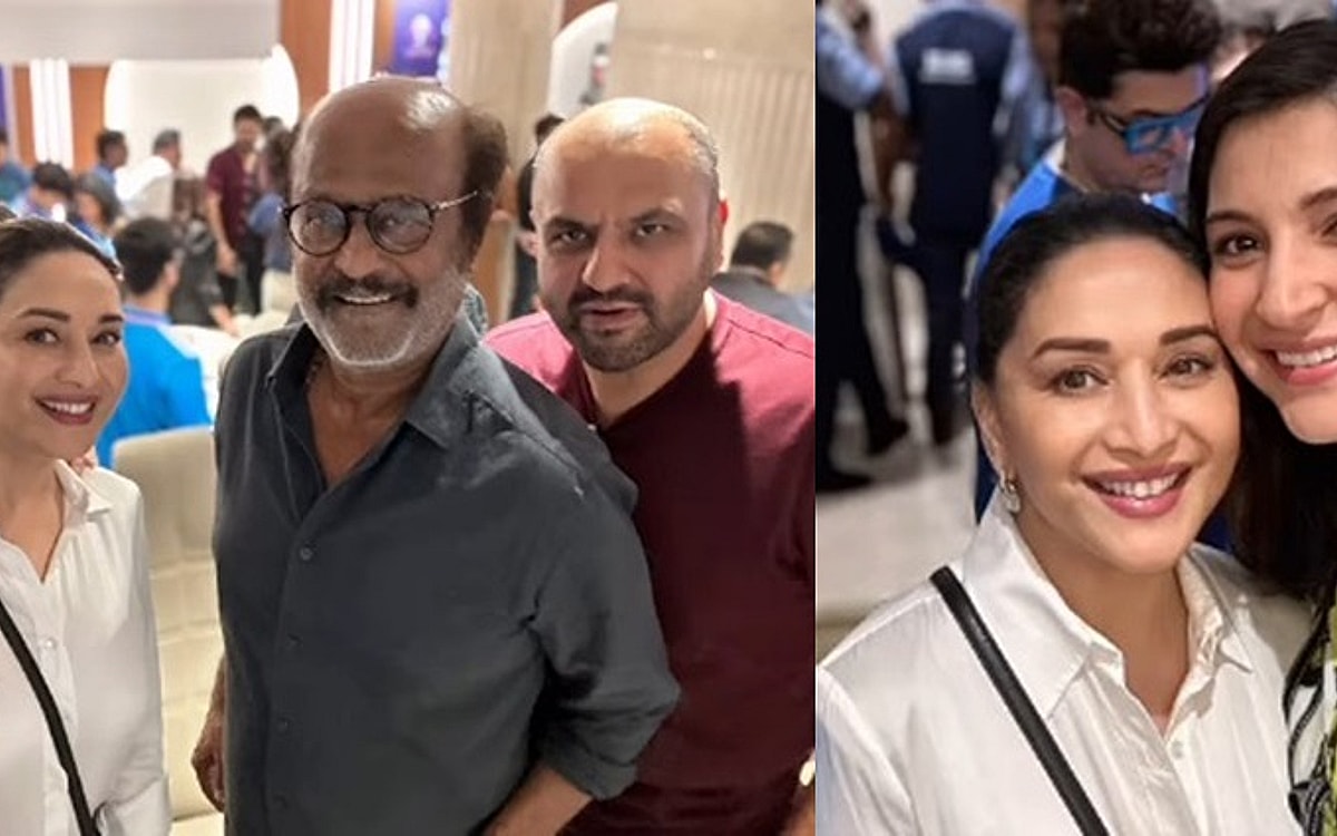 Madhuri Celebrates Team India’s Win, Poses For Selfie With
 Rajinikanth, Anushka