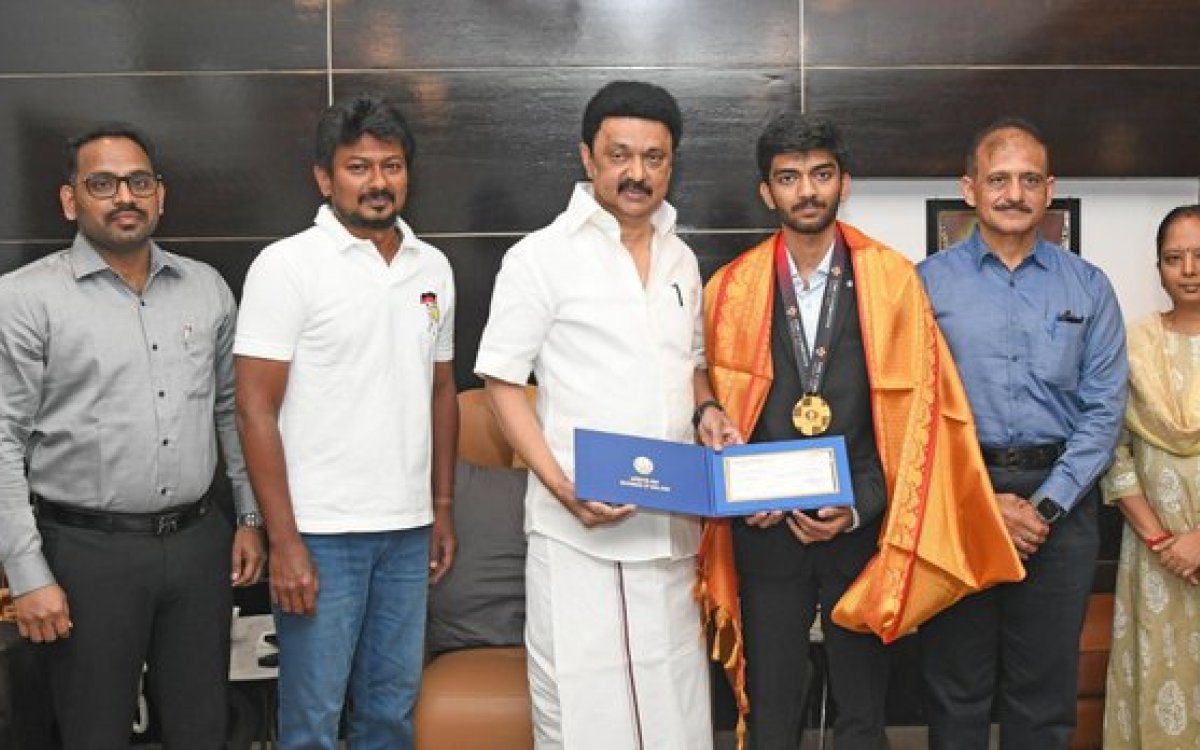 Stalin felicitates Gukesh, hands over cheque for Rs 75 lakh