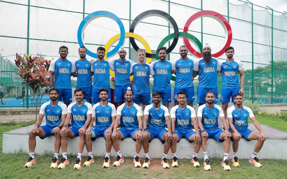 Indian men's hockey team poses in Olympic jersey