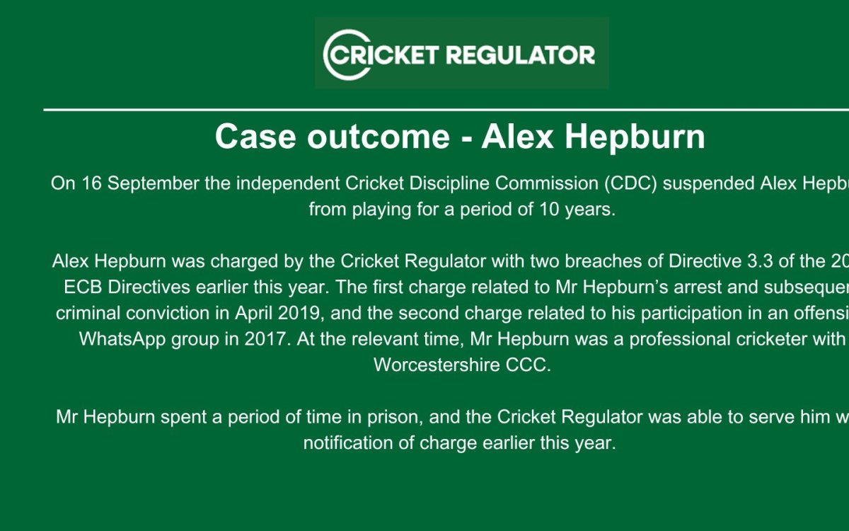 Former Worcestershire cricketer Alex Hepburn receives 10-year suspension